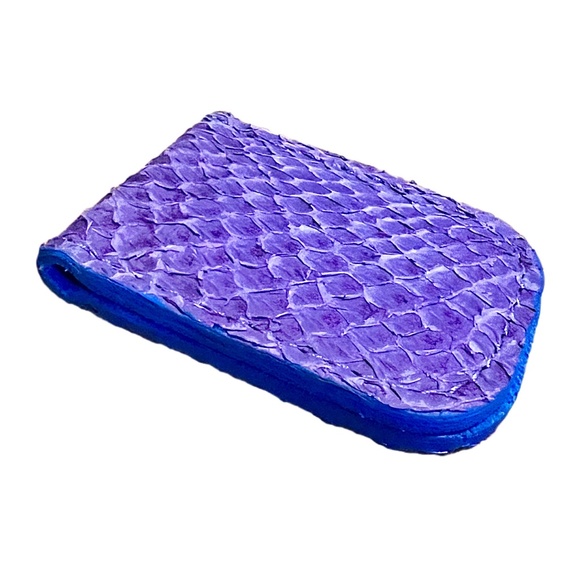 New Italian-Made Purple Leather Snakeskin Money Clip, Blue Suede Interior - Picture 1 of 2